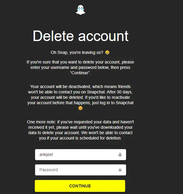 delete Snapchat account from desktop