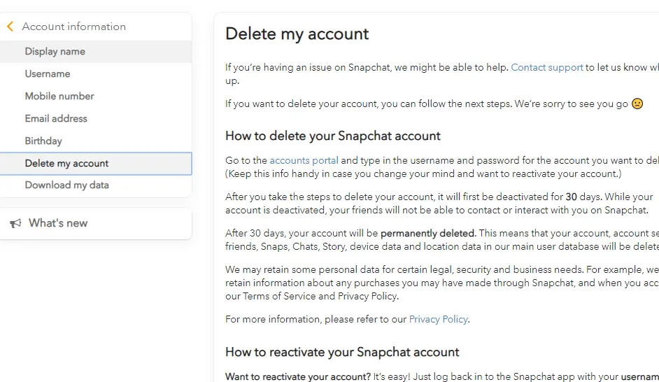 delete Snapchat account from desktop