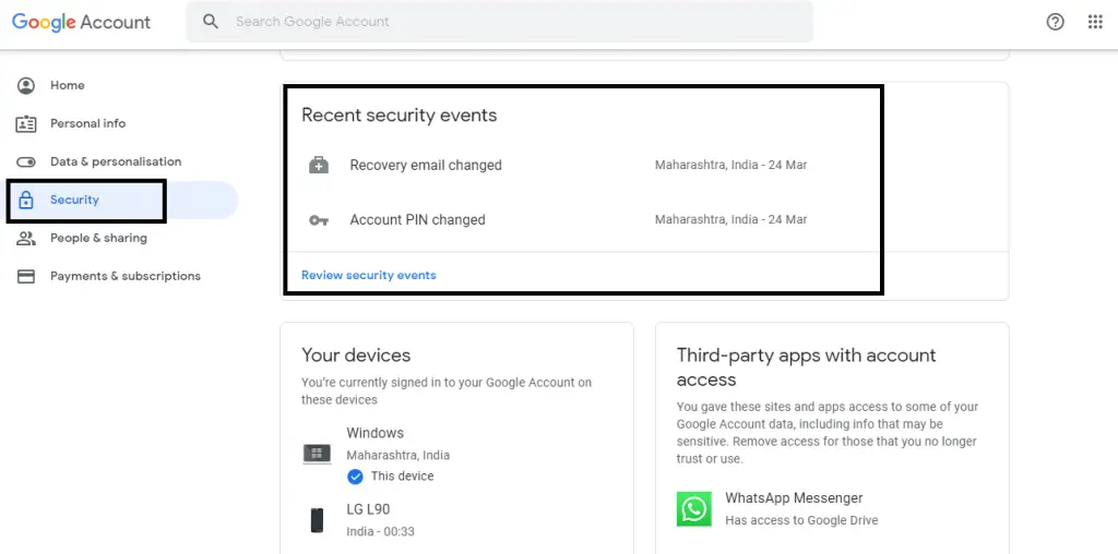 Google Account And Security Settings