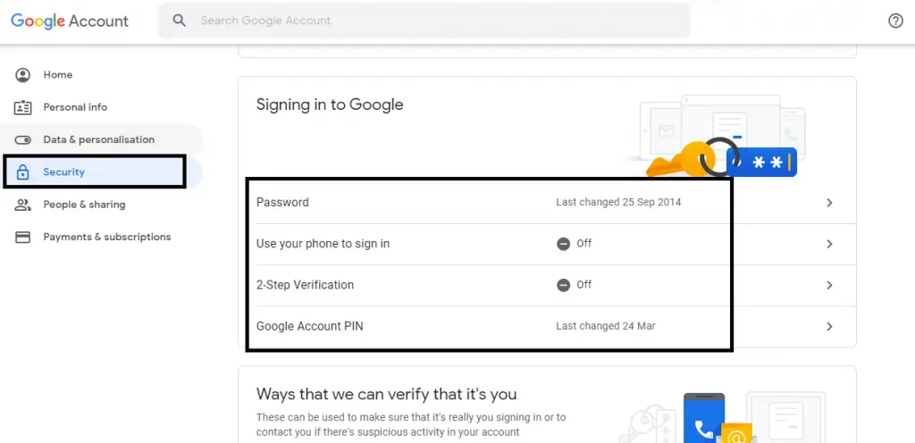 Google Account And Security Settings