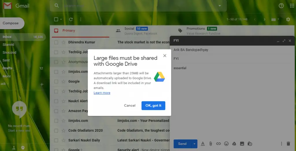 how to send larger files by email in Gmail